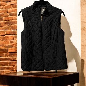 Charter Club Womens Quilted Vest Size PM BLK w/Animal Print Lining Full Zip/Pock